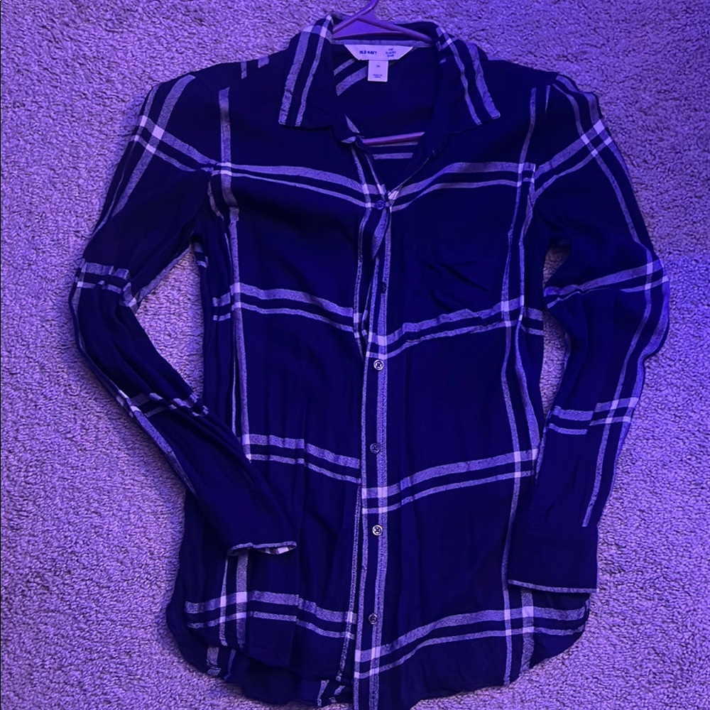 Button-Up Plaid Long Sleeve Shirt - Navy with White Stripes